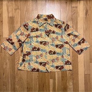 Vintage 70s Floral Print Button Down Polyester Blouse Medium Disco Beige